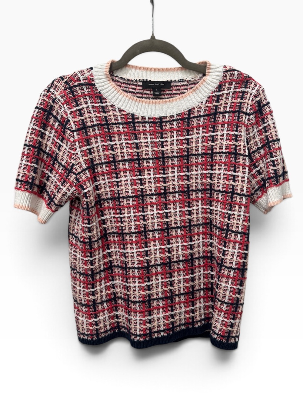 Ann Taylor Tweed Knit Short Sleeve Sweater Top pink Navy Ivory Size M - Picture 2 of 8